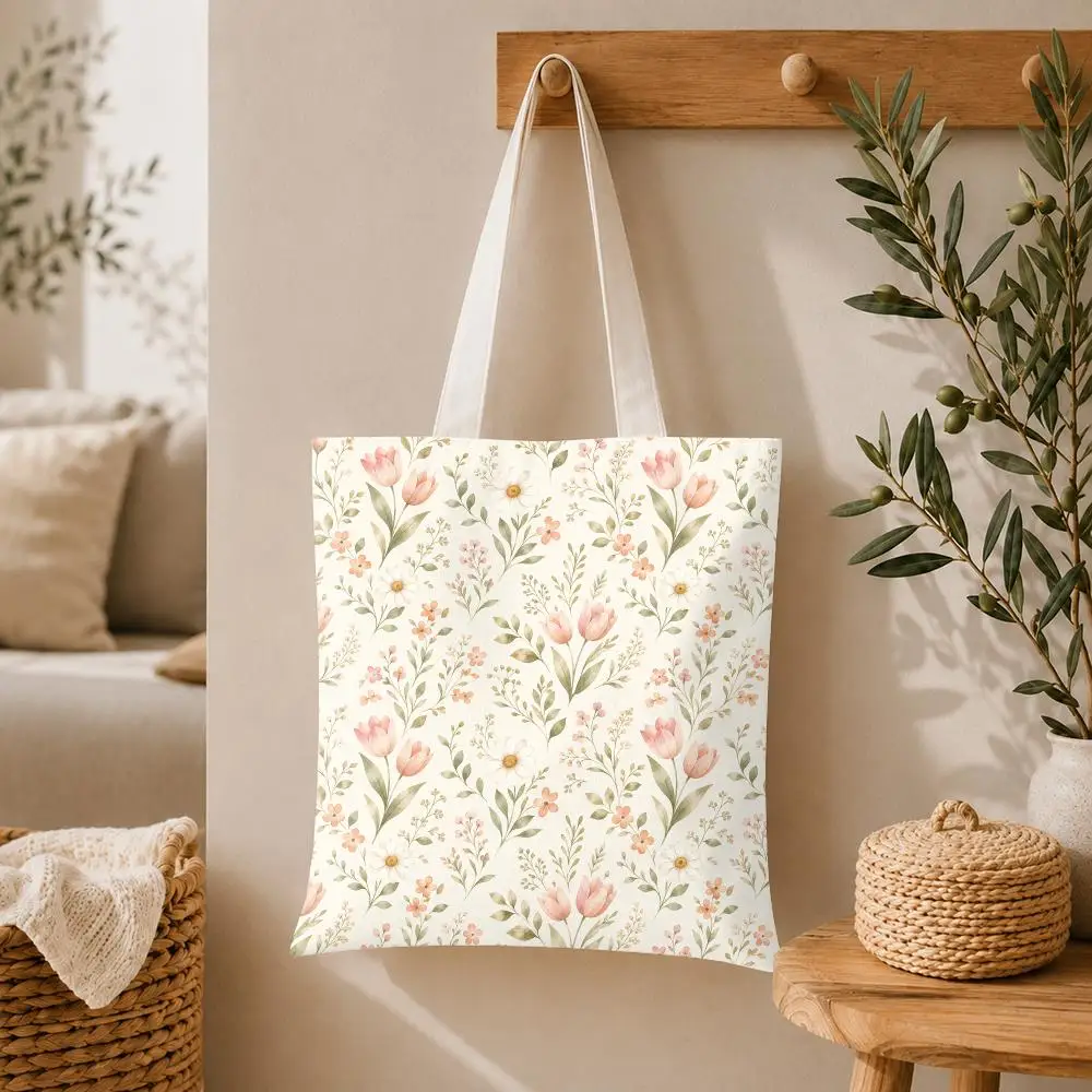 Artistic Wildflower Storage Bags Large Capacity Canvas Tote Bag Double-Sided Print Shoulder Handbag for Daily Shopping