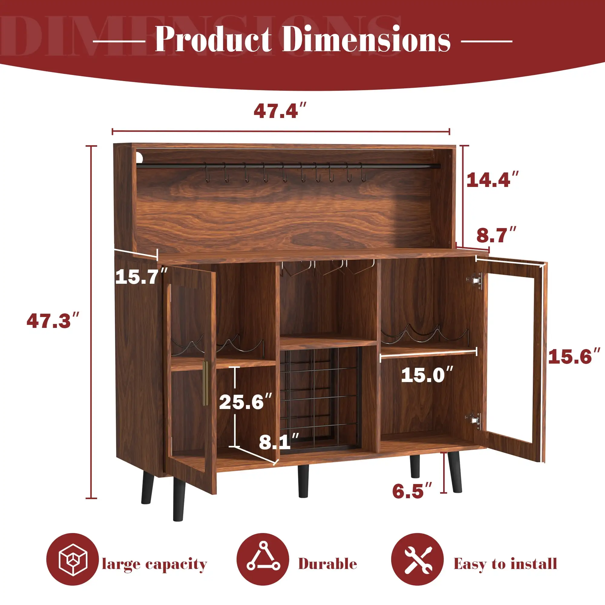Wine Bar Cabinet with LED Lights, Coffee Bar for Liquor, Alcohol Cabinet w/Glass Rack and Removable Wine Racks, Home Bar Buffet Cabinet w/Storage for Living Room Dining Room Kitchen