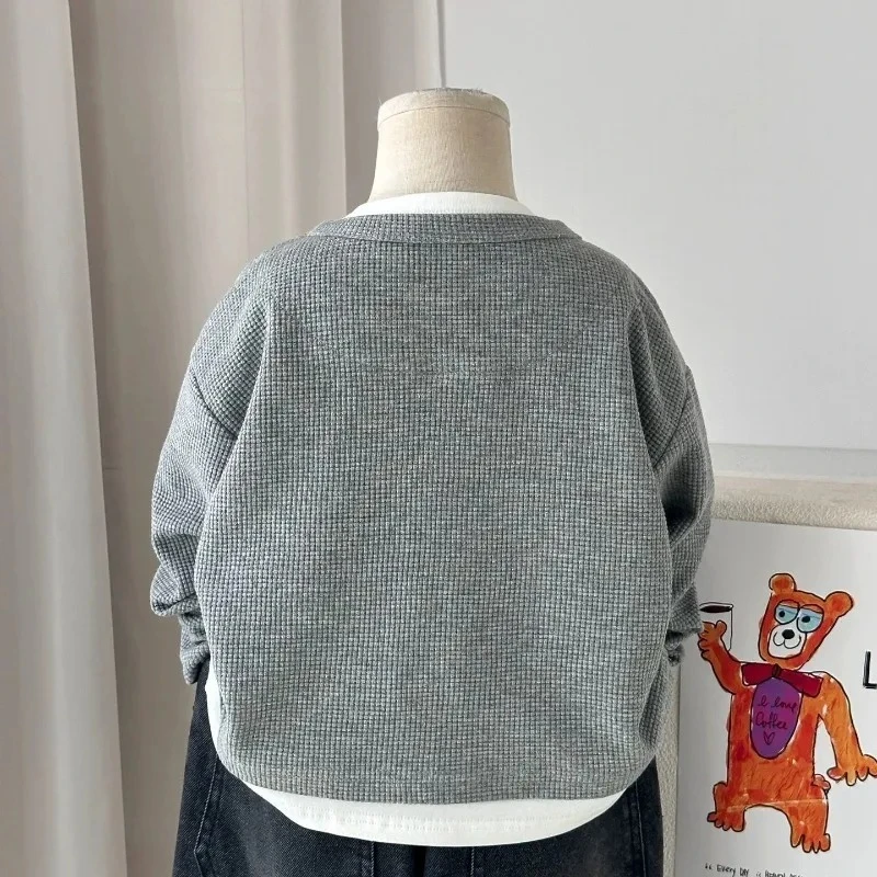 Babys Boys Waffle Grid Long Sleeved V-neck T-shirt Spring Autumn 2026 Pullover Cotton Hoodie Kids Handsome Fake Two Items Tops