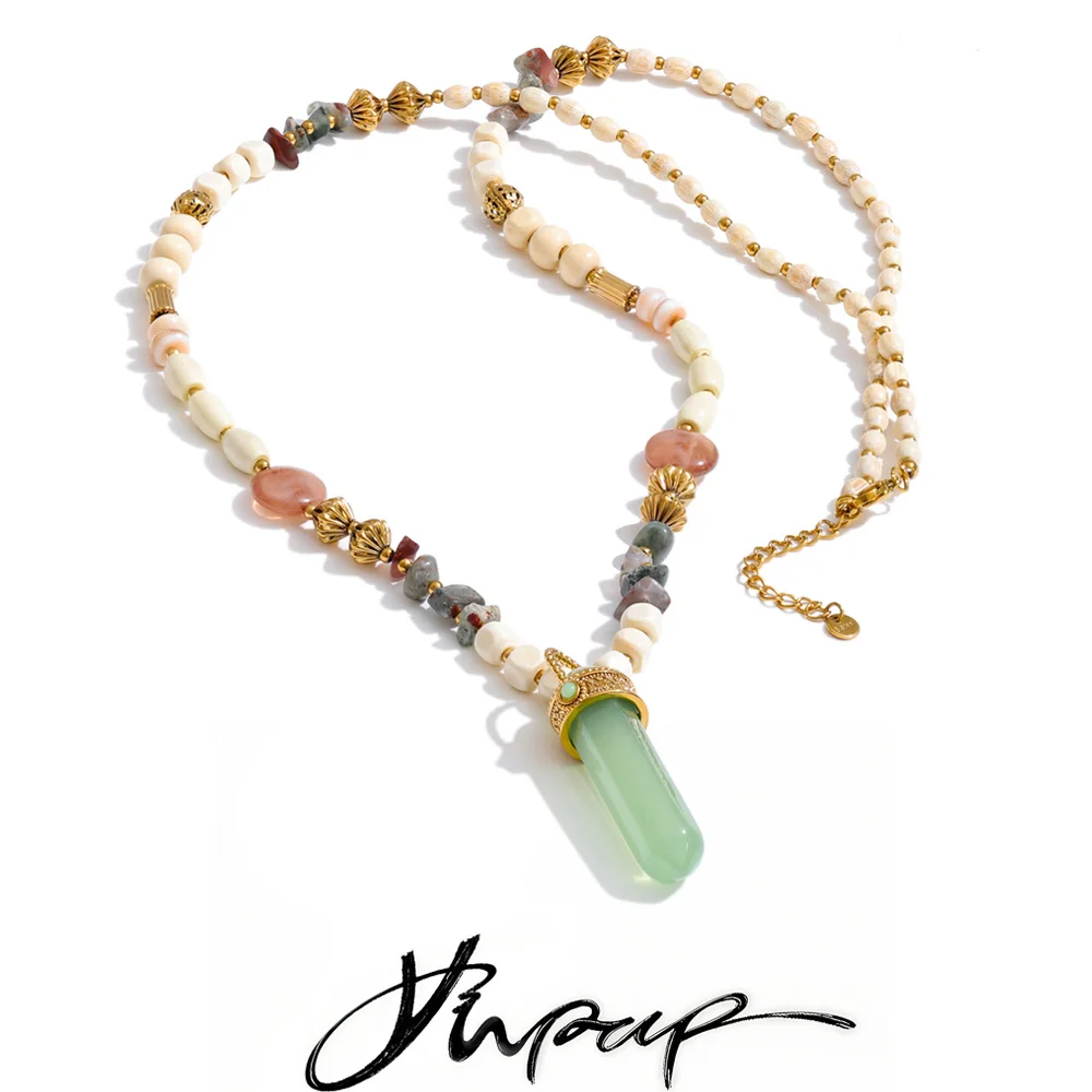 Yhpup 82+5cm Stainless Steel Resin Stone Acrylic Wood Beads Chain Statement Necklace Waterproof Handmade French Long Jewelry