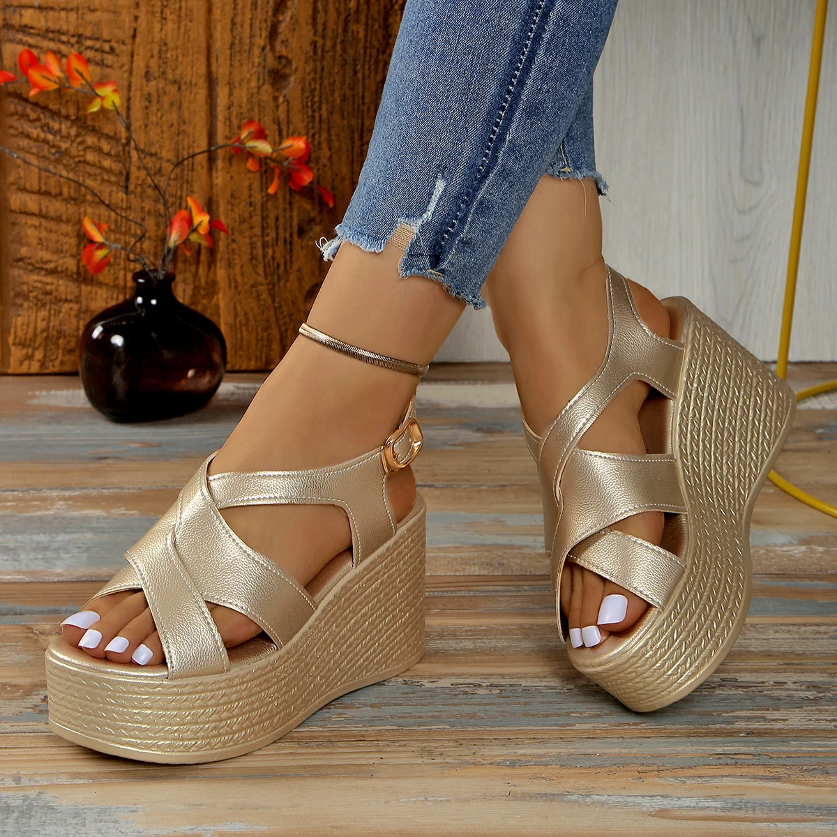 Slope Heel Women's Sandals Summer New Leather Temperament Back Buckle Golden Elegant Comfortable Sandals for Women