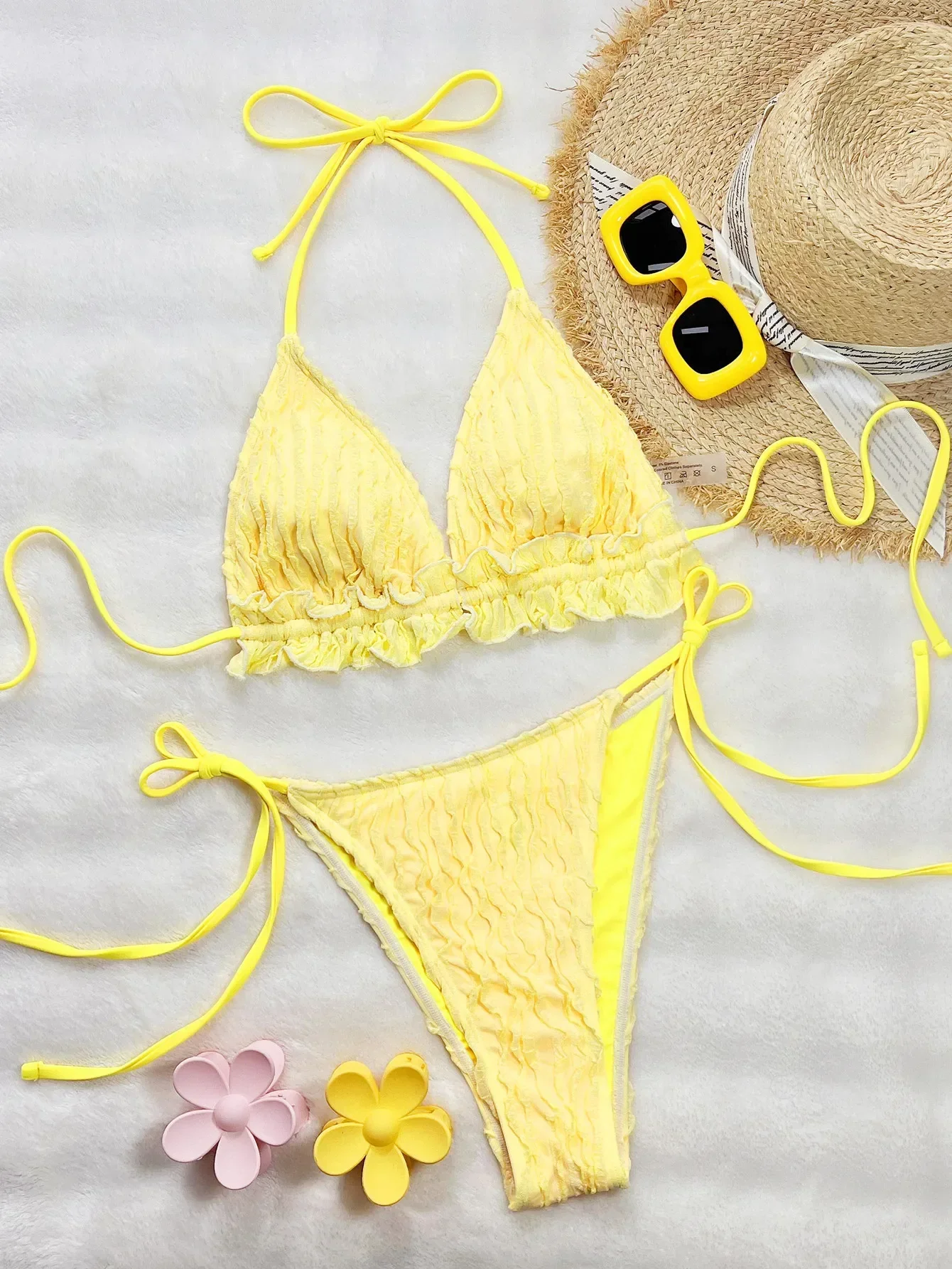 

Sexy Yellow Bikini Set 2025 Women Ruffles Push Up Micro Swimsuit Summer Bathing Suit Bandage Tie Side Thong Swimwear Beachwear