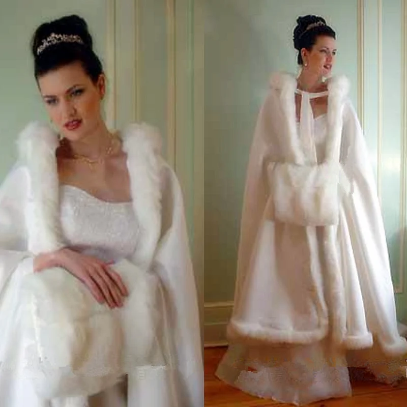 Long warm capes white ivory bride winter wedding cloak shawl satin + artificial fur cape coat adult poncho Wedding cloak