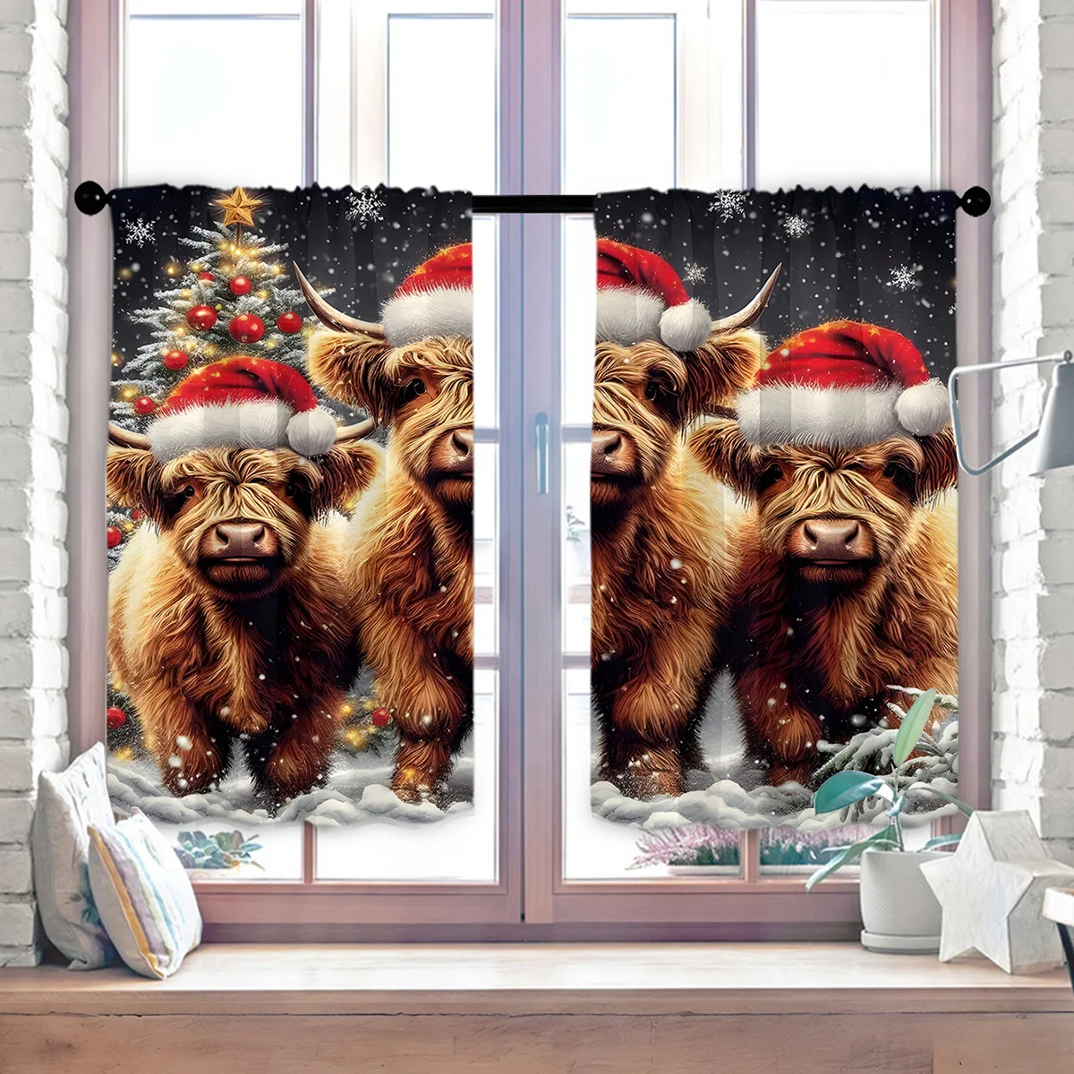 VIKAMA Christmas Valance Curtain Kitchen Waterproof Oil Proof Short Window Tier Set Home Decor Window Treatment No Drill
