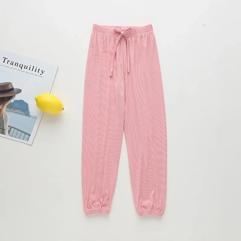 Baby Girls Ice Silk Wide Leg Pants Childen\'s Summer Solid Drawstring Sports Trousers Kids Boy Casure Harem Clothes Home Wear