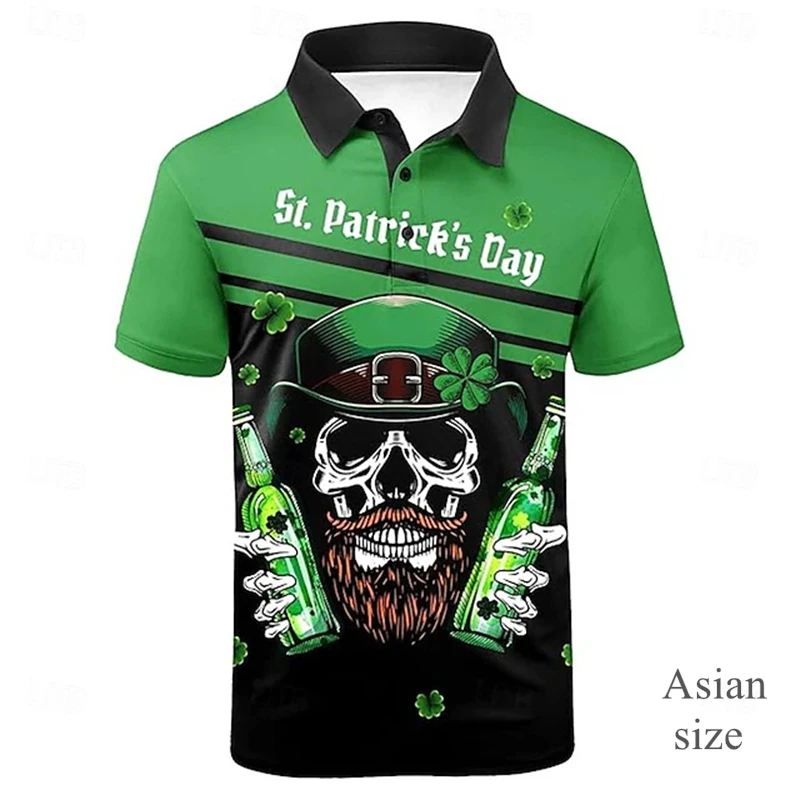 New St.Patrick's Day Men's Polo Shirt 3D Print Clover Graphic Green Golf Shirt Pop Outdoor Street Short Sleeves Unisex Clothing