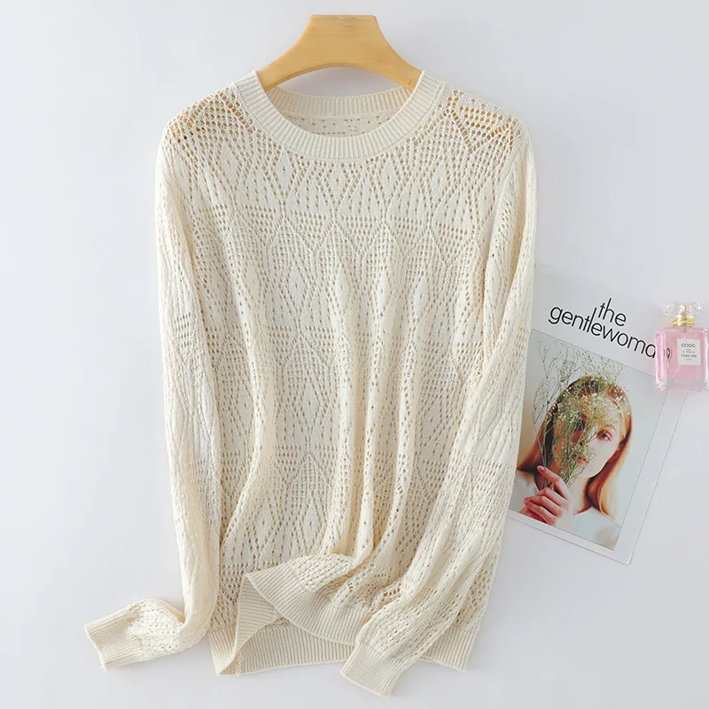 Spring Summer 100% Cotton Sweater Thin Pullover Women\'s Knitted Hollow Out O-Neck Fashion Knitwear Loose See Through Look Tops