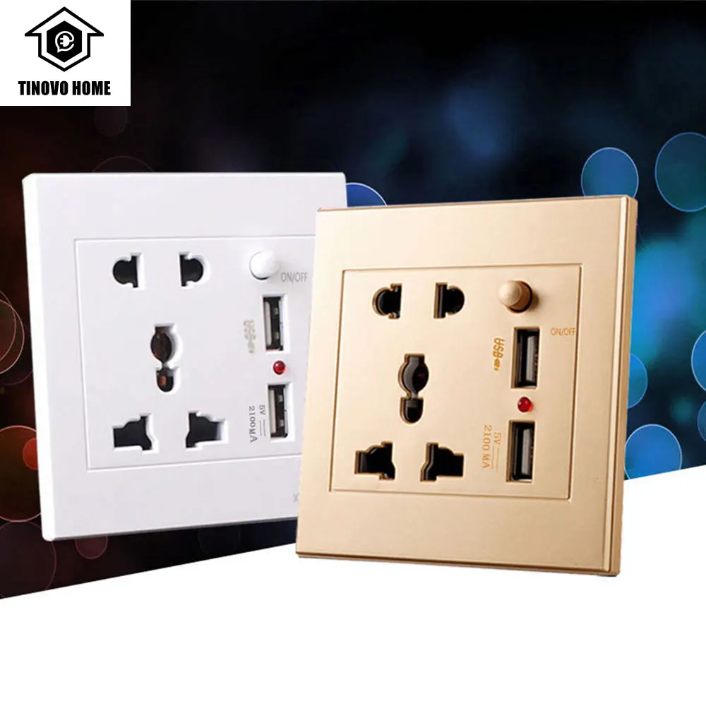 

TINOVO,2 USB with Switch Universal Socket Panel 220v Electrical Outlet Sockets Gold / White Usb Outlet Wall Sockets Wall Panel