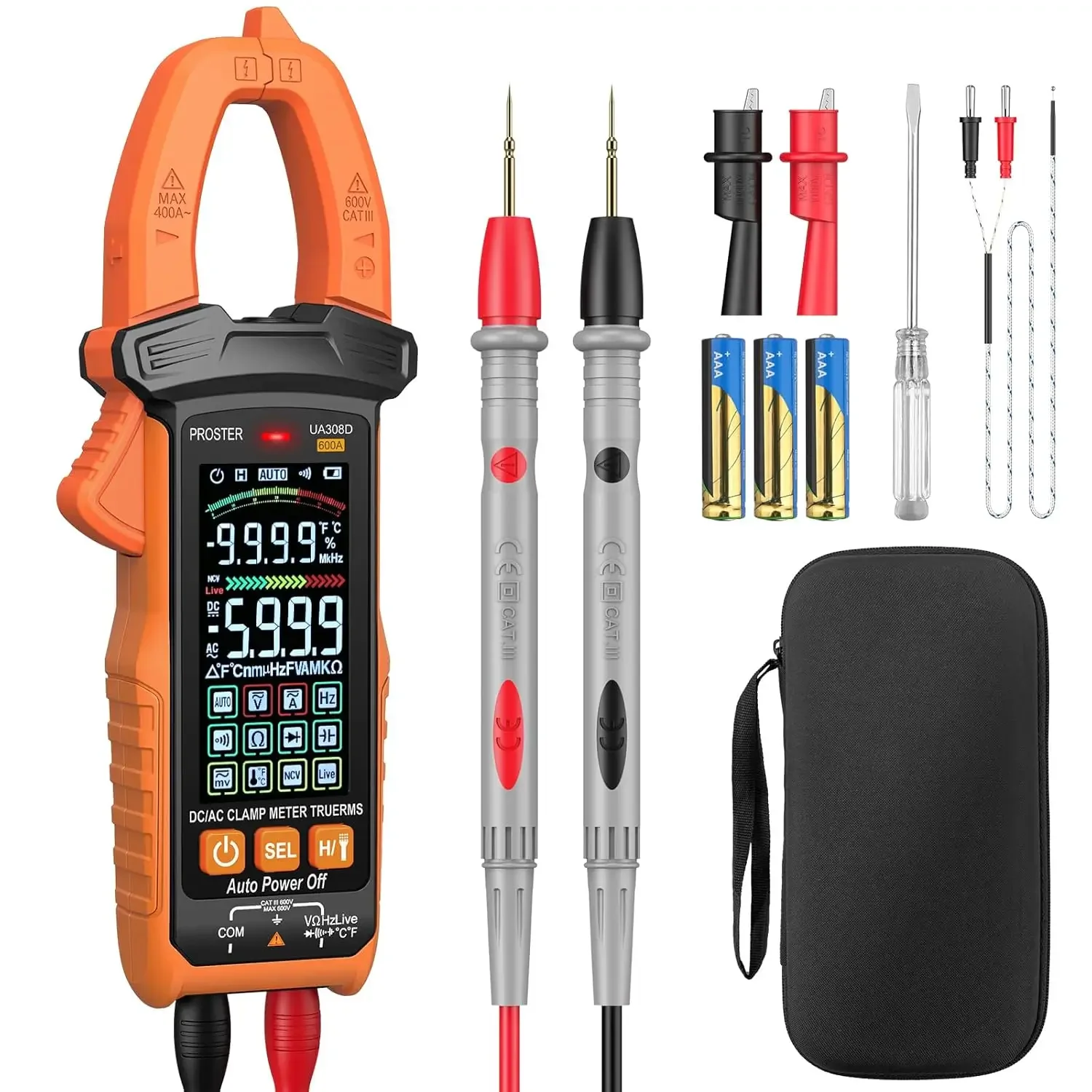 

Измерительные клещи принтера 600 А переменного/постоянного тока, 600 В переменного/постоянного тока, NCV, непрерывность, емкость, сопротивление, частота, диод, Гц Тест (128 сборов)