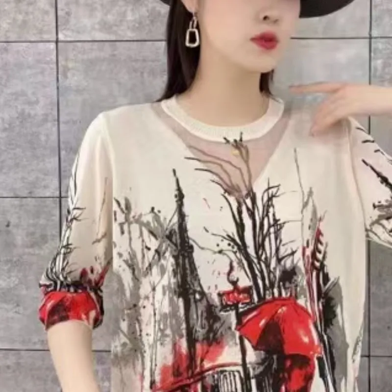 

2024 New Women's Spring/Summer Printed Round Neck Mesh Spliced Fashion Versatile Temperament Short Sleeve Loose T-shirt Tops