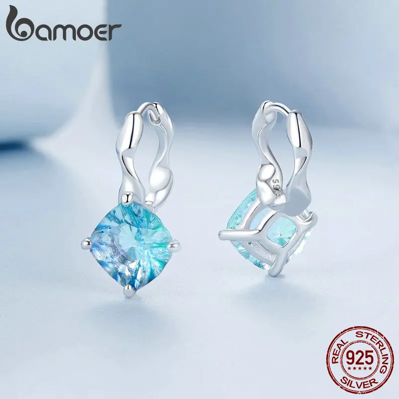 BAMOER 925 Sterling Silver Blue-green Hoop Earrings for Women Girls, Gold plated Fashion Huggie Hoop Earrings BSE1047