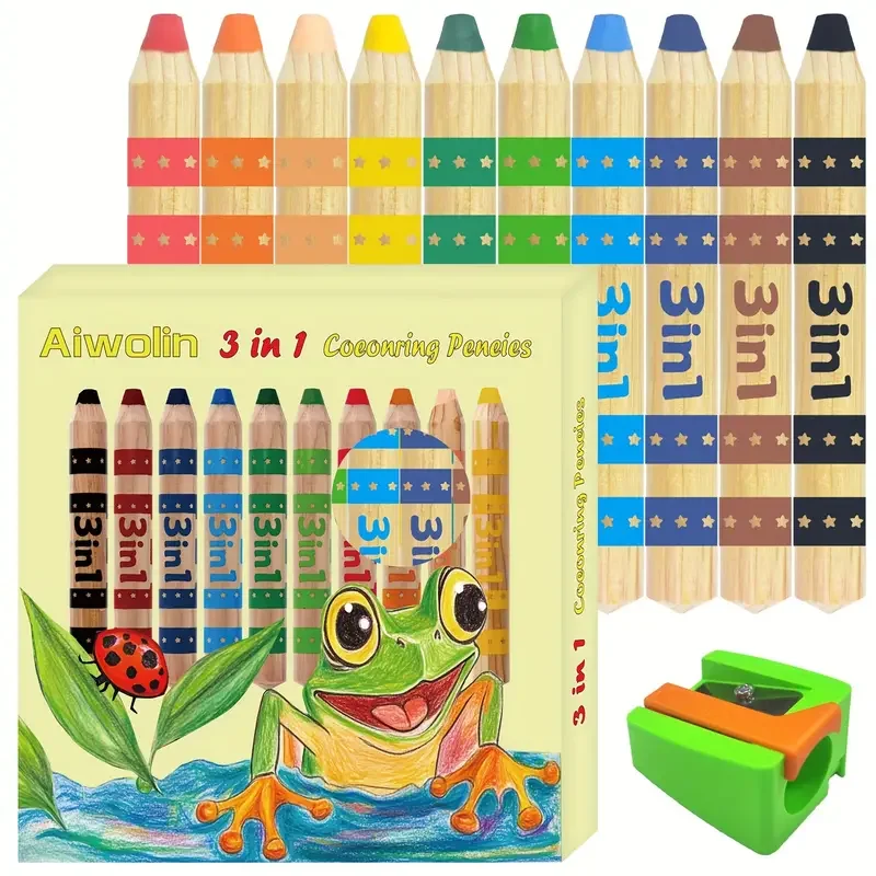 3-in-1-Buntstifte – 10-Farben-Set inkl. Fette Buntstifte, 10-Farben-Set inkl. Anspitzer