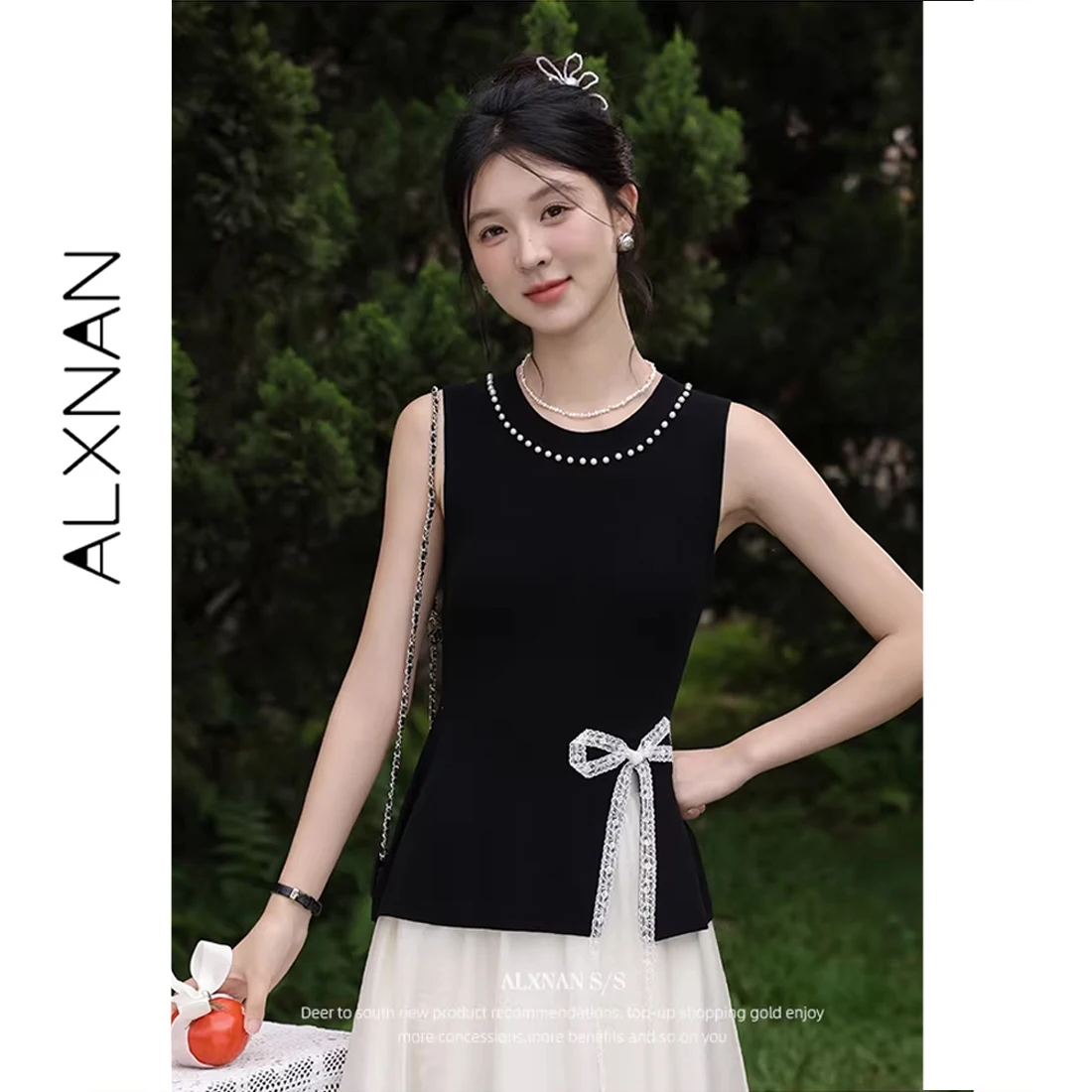 

ALXNAN Women's Black Tank Tops Beaded Bow Lace Split Design Tanks 2026 Summer Elegant Casual Office Lady Sleeveless Tops L56027