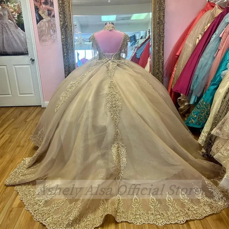 Princesa frisada Vestidos Quinceanera, alta Neck Crystal Ball Gown, Prom Birthday Party, Imagem Real, Arábia Saudita, 15, 16