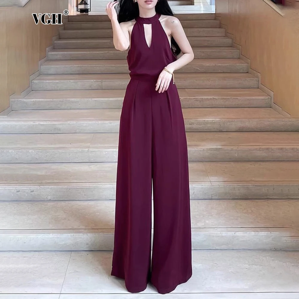 VGH Elegant Solid Chic Jumpsuits For Women Halter Sleeveless High Waist Loose Temperament Hollow Out Jumpsuit Female Fashion New