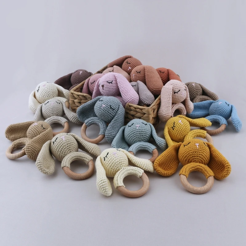 1pc Safety Wooden Baby Teether Crochet Cartoon Long Ear Bunny Baby Rattler Mobile Crib Rattle Bell Newborn Handbell Teething Toy