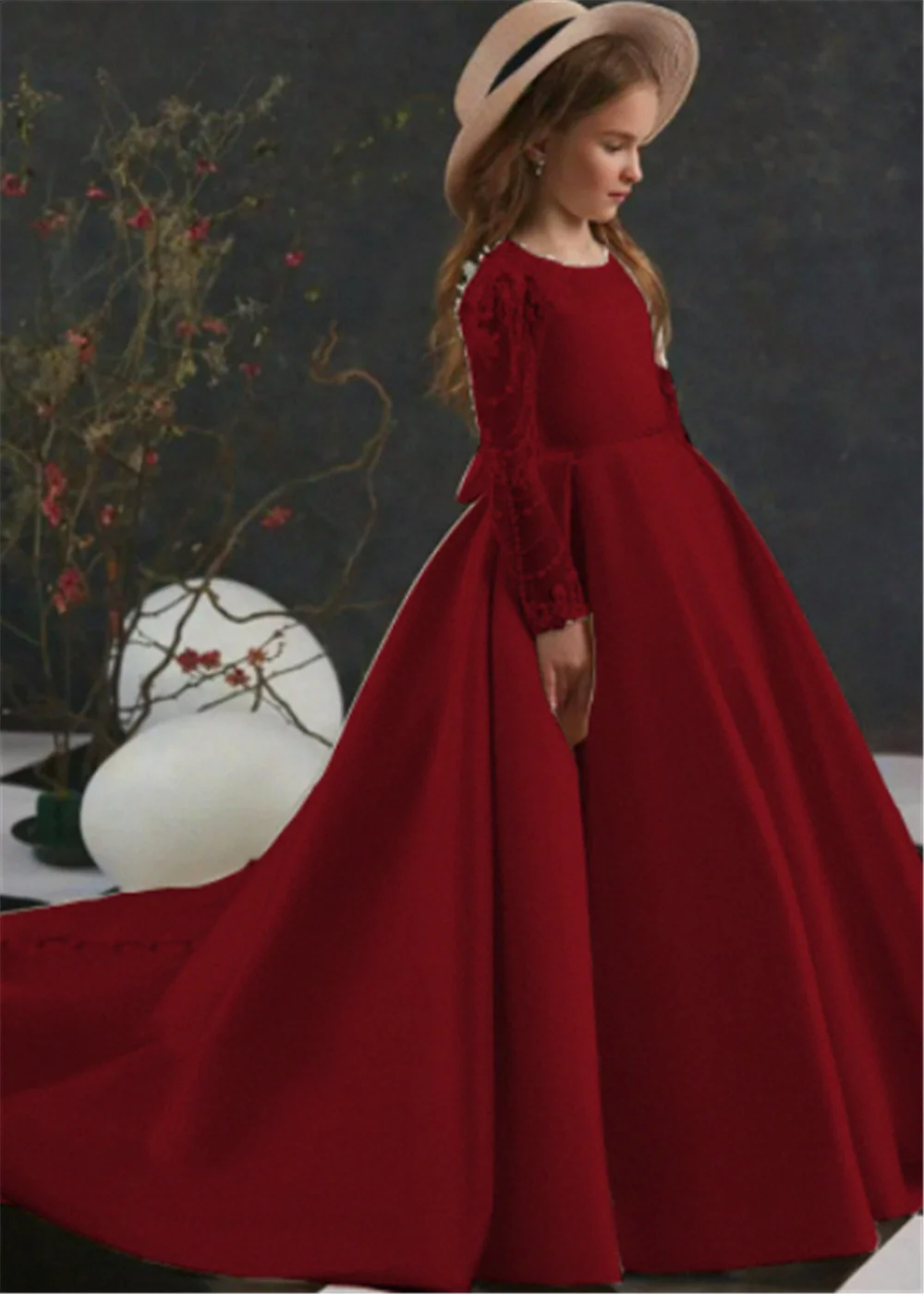 Vestidos infantis de baile de primeira comunhão princesa, elegante estamparia em renda, manga comprida, vestido de cetim, presente surpresa de aniversário