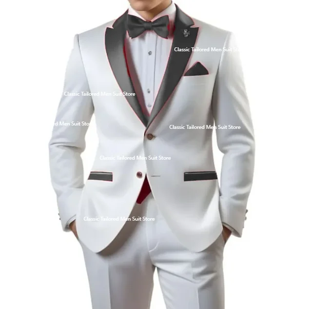 Customized White Men Suits Single Breasted Red Notch Lapel Slim Fit Male Clothing High Quality Wedding 2 Piece Jacket Pants