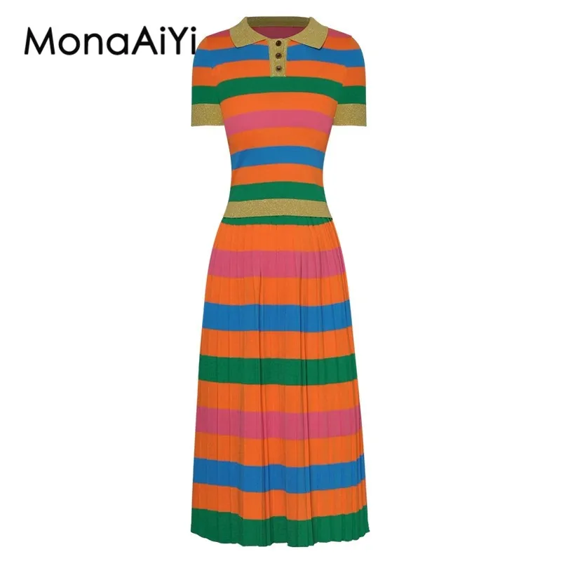 MonaAiYi HIGH QUALITY Runway Fashion Designer Women's Short Sleeve T-Shirt Knitting Top +Fashion Striped Pleated Skirt Uit