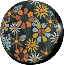 Retro Hippie Flowers Pattern Spare Tire Cover Dust-Proof Wheel Tire Cover Fit Trailer RV SUV and Many Vehicle 17 Inch