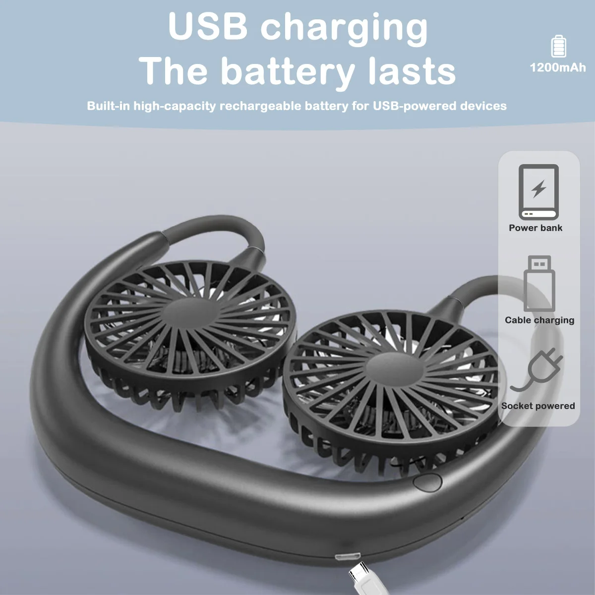 USB Rechargeable Mini Sports 3-Speed Adjustable Neck Dual Fan Home OfficeOutdoor Travel Portable Hanging Neck Fan