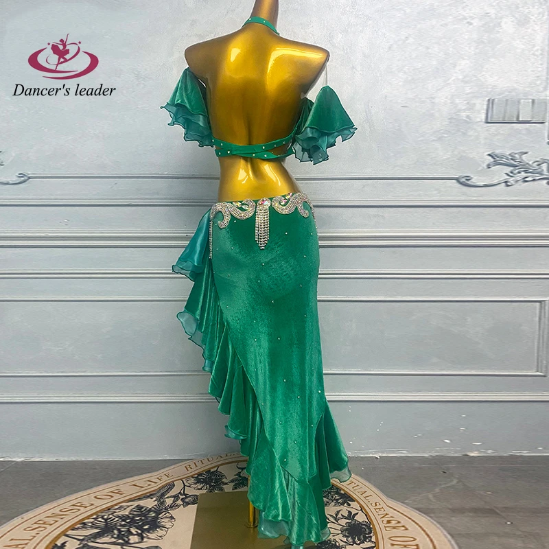 Traje de dança do ventre para mulheres, adultos e crianças, saia de renda diagonal verde de alta qualidade, vestido de alto flash de performance de samba