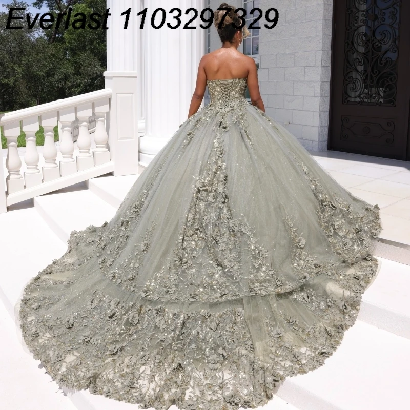 EVLAST Customized Light Green Quinceanera Dress Ball Gown 3D Floral Applique Beading Crystal Sweet 16 Vestidos De 15 Años TQD177