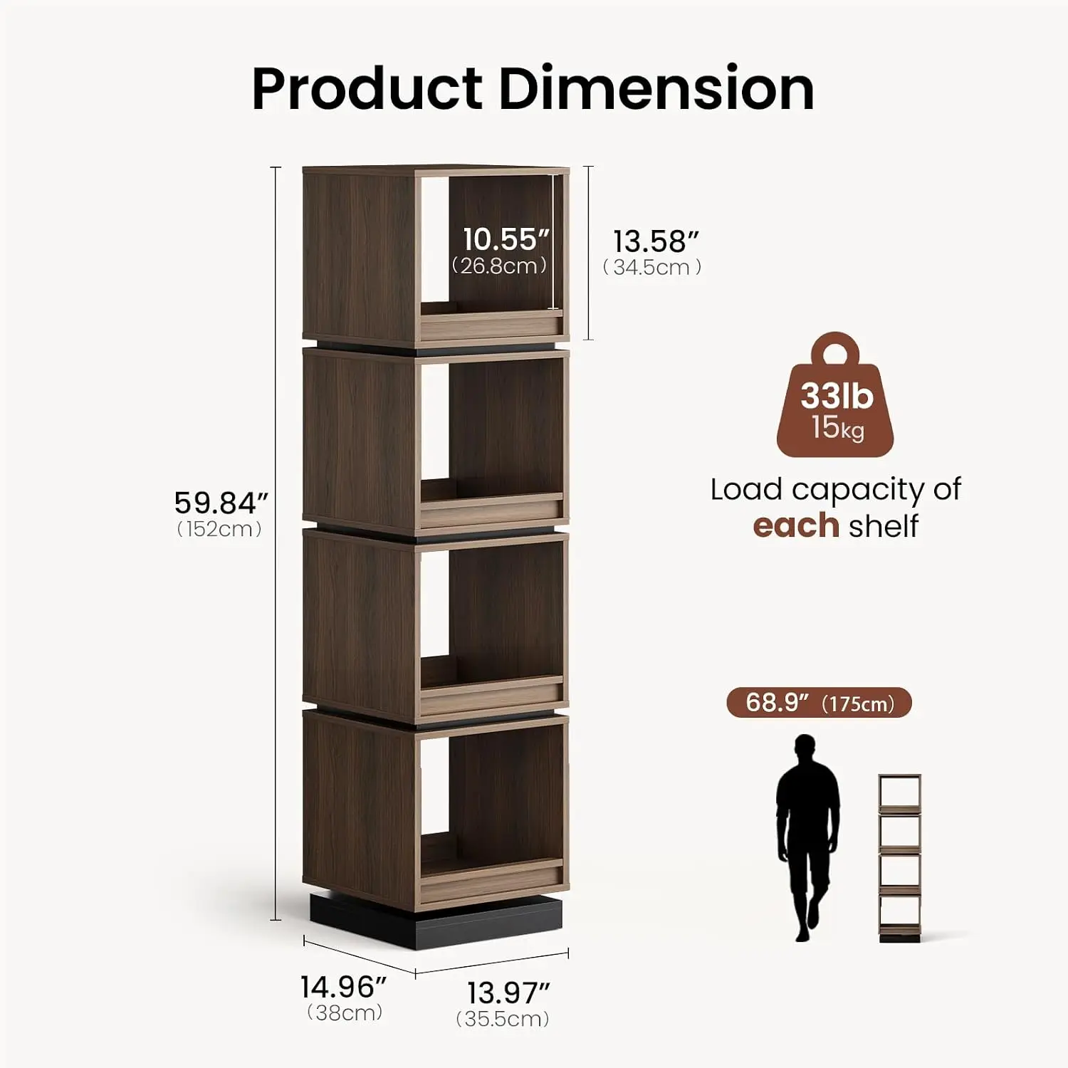 4-Tier Rotating Bookshelf Tower 360° Spinning Storage Organizer for Home Office Bedroom, Customized