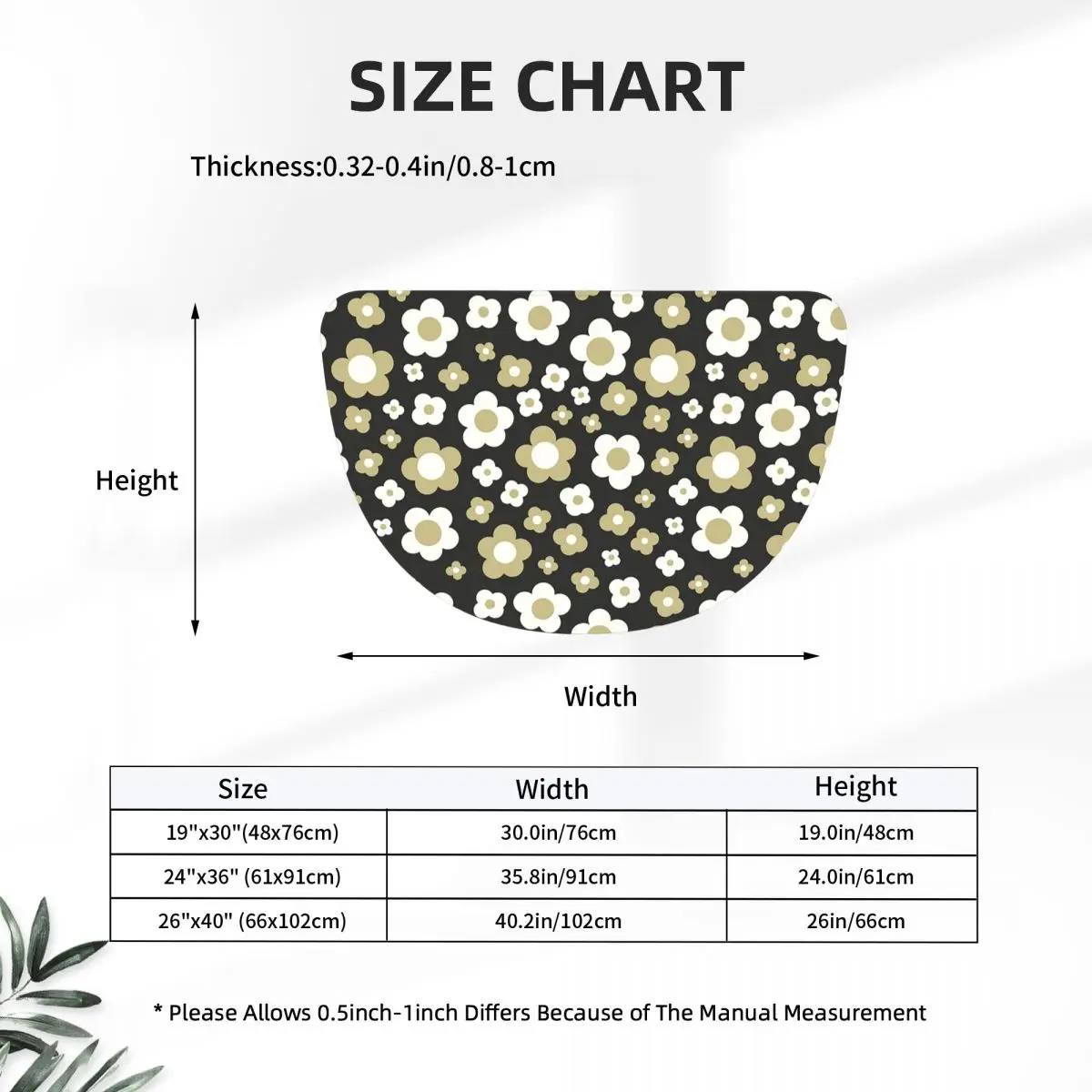 Black And Sage Green Groovy Ditsy Daisies Soft Half Round Doormat Non Slip Bathroom Mat Absorbent Floor Carpet for Living Room