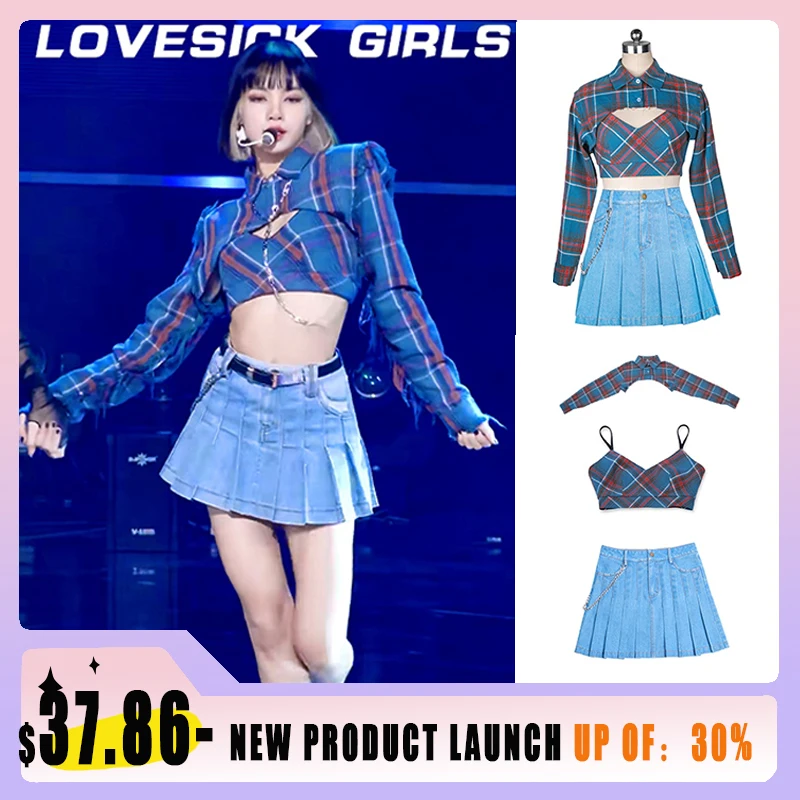 

Korean Style Jazz Dancewear Women Dancer Outfit Hip-Hop Clothes Blue Grid K-pop Outfit Stage Costume Festival Rave Wear VBH643