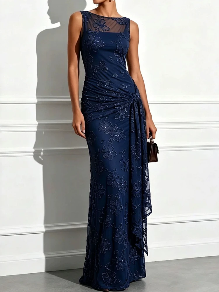 Elegant Patchwork Maxi Dress for Women Summer O Neck Sleeveless Chic Simple Party Dress Lace-Up Slim Fashion Ladies Dress 2026