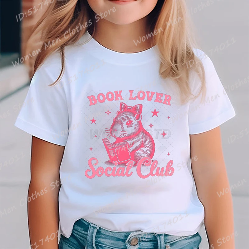 Summer Cute Cartoon Capybara Book Lover Social Club Print T-shirt For Children Girls Short Sleeve Crew Neck Tops Fashion T Shirt