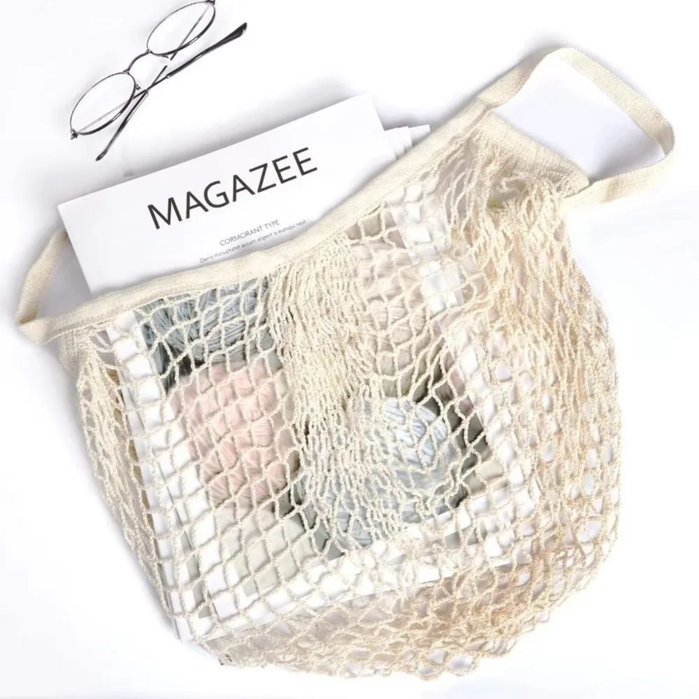 Portable Shopping Mesh Bags For Net Bag Fruit Vegetable Washable Storage Eco-Friendly Handbag Cotton Foldable Bag For Shopping