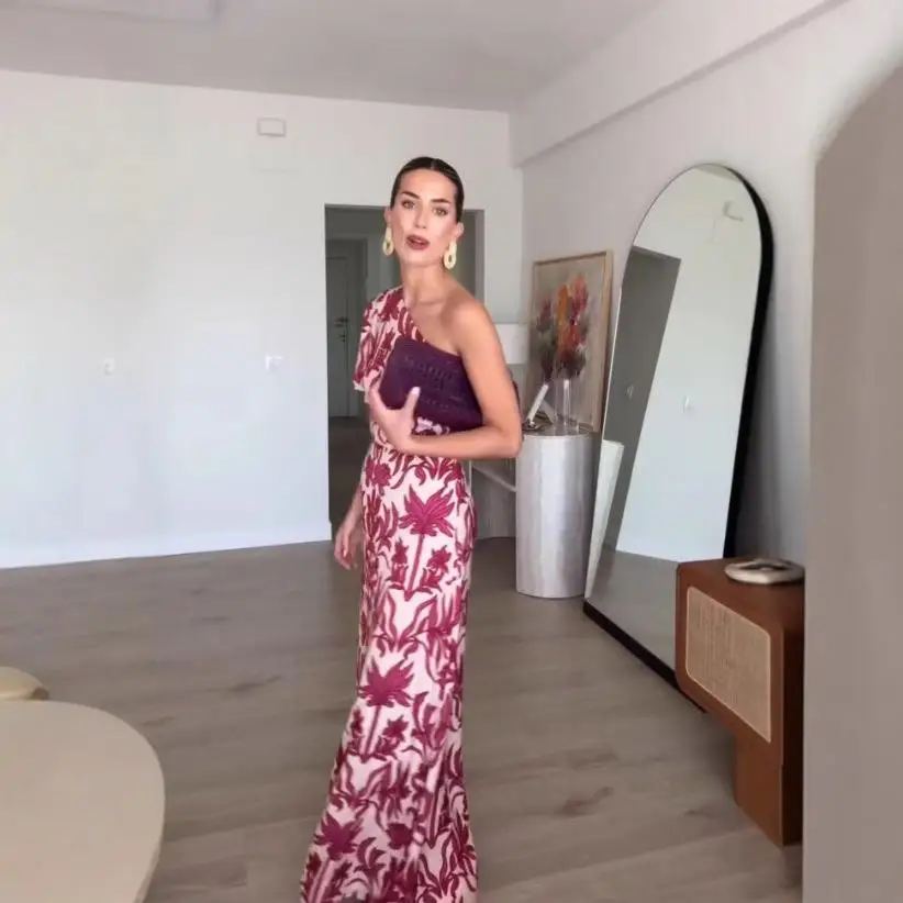 Sexy Faionable Zomer Print Lange Enkele oulder Dr vrouwen Hoge Taille Polyester ort Sve Jurk Chinese Nieuwe 2025