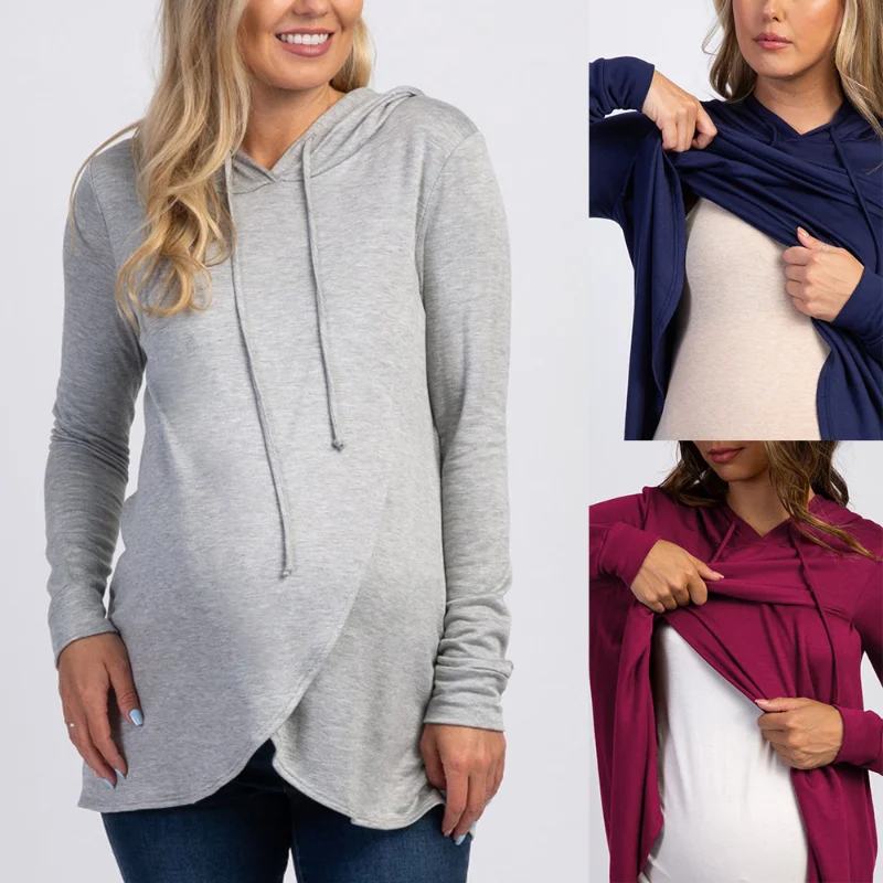 

New European and American Spring and Autumn Maternity Wear Solid Color Versatile Long-sleeved Hooded Sweatshirts for Woman