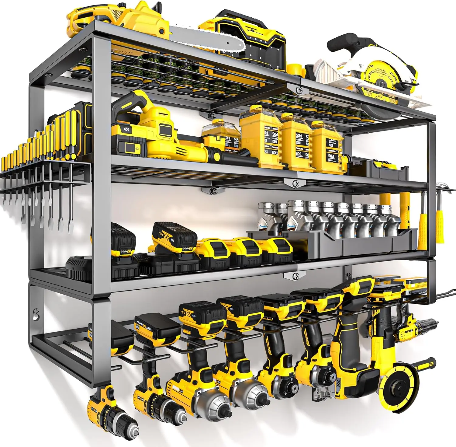 Large Power Tool Organizer Wall Mount, Heavy Duty Metal Cordless Drill Storage Rack with Battery Charging Station Shelf, Utility Racks for Garage Organization, 4 Layer 10 Drills Holder Extra Tall
