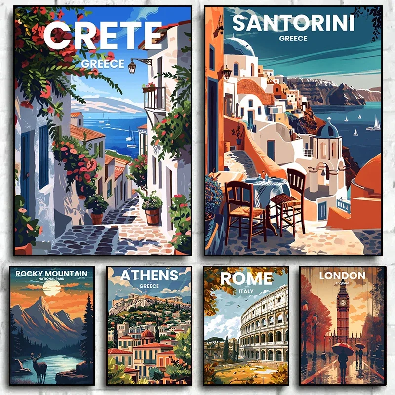 (2D Canvas painting) Modern Travel Cities Santorini Rome Crete Paris London Art Poster Canvas Prints Wall Art Painting for Ho