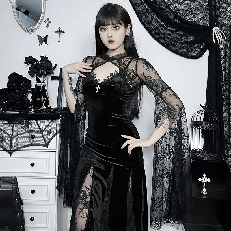 

Сексуальный костюм ведьмы на Хэллоуин: черное кружевное платье-накидка с юбкой-рыбьим хвостом, модный дизайн с элементами пэчворка, полиэстер.