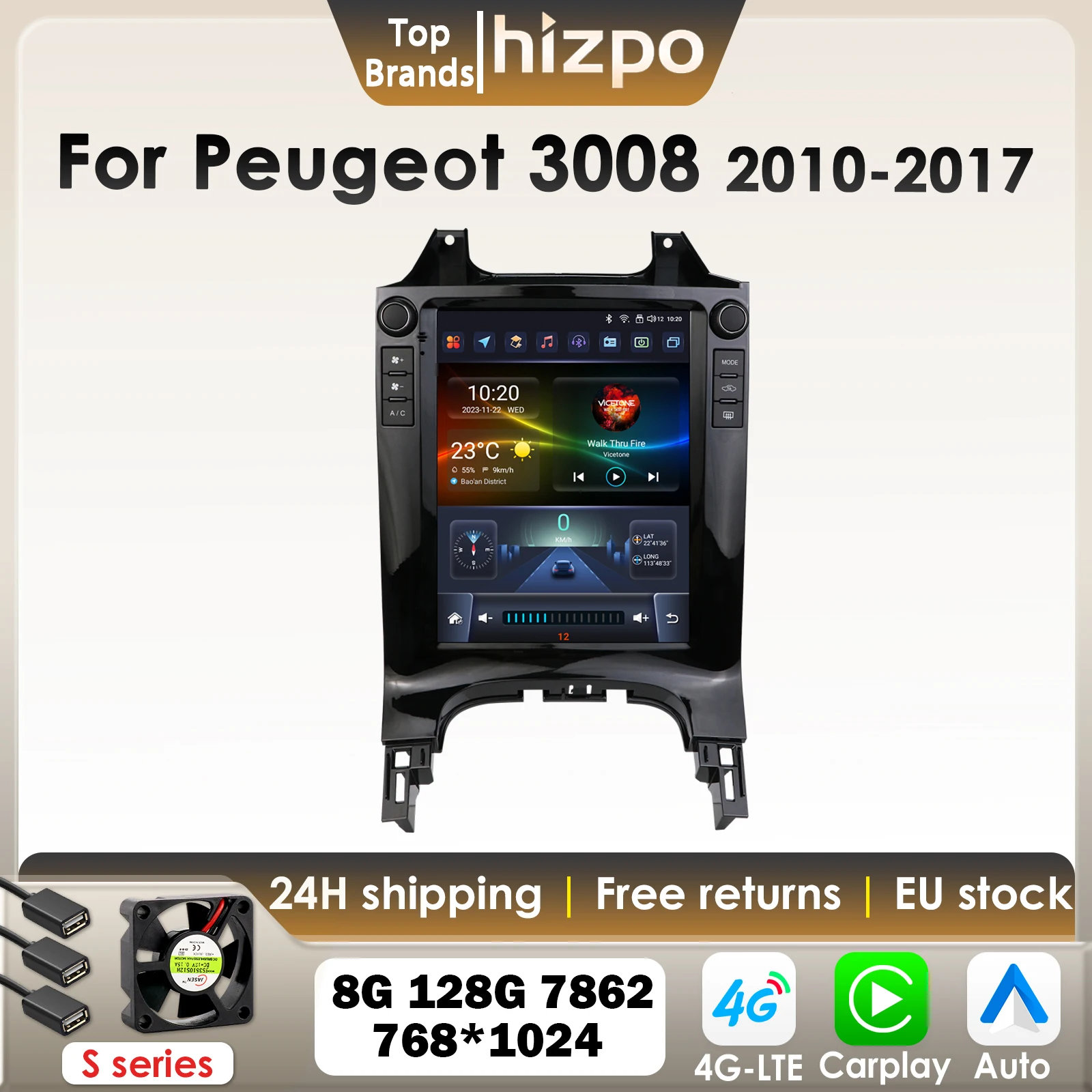 Autoradio intelligent Android Hizpo 9,7 pouces pour Peugeot 3008 MPV 2010 - 2017, style Tesla, Carplay, Android Auto, GPS, 4G, BT, 7862