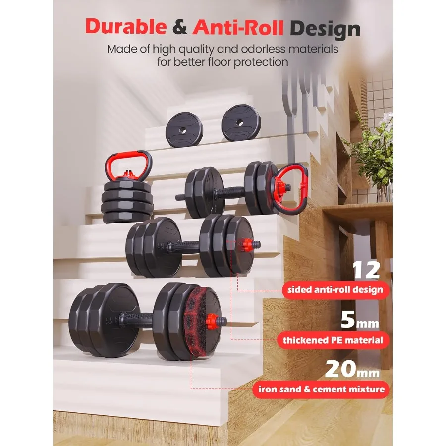 Set di manubri regolabili Set di pesi liberi da 20/35/45/55/70/90 libbre con dado aggiornato Set di pesi 5 in 1 Utilizzato come kettlebells Bilanciere Pu