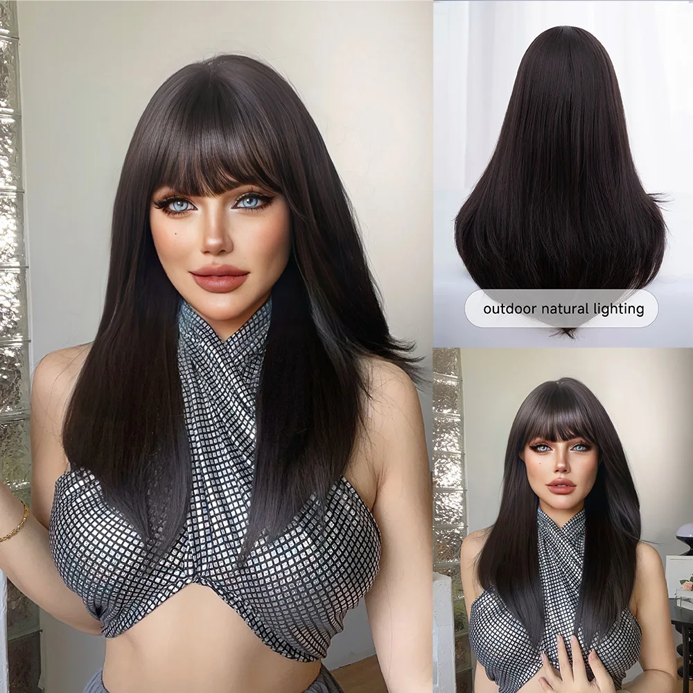 

24Inch Black Lady Style Synthetic Wigs With Bang Long Natural Straight Hair Wig for Women Daily Use Cosplay Party Heat Resistant