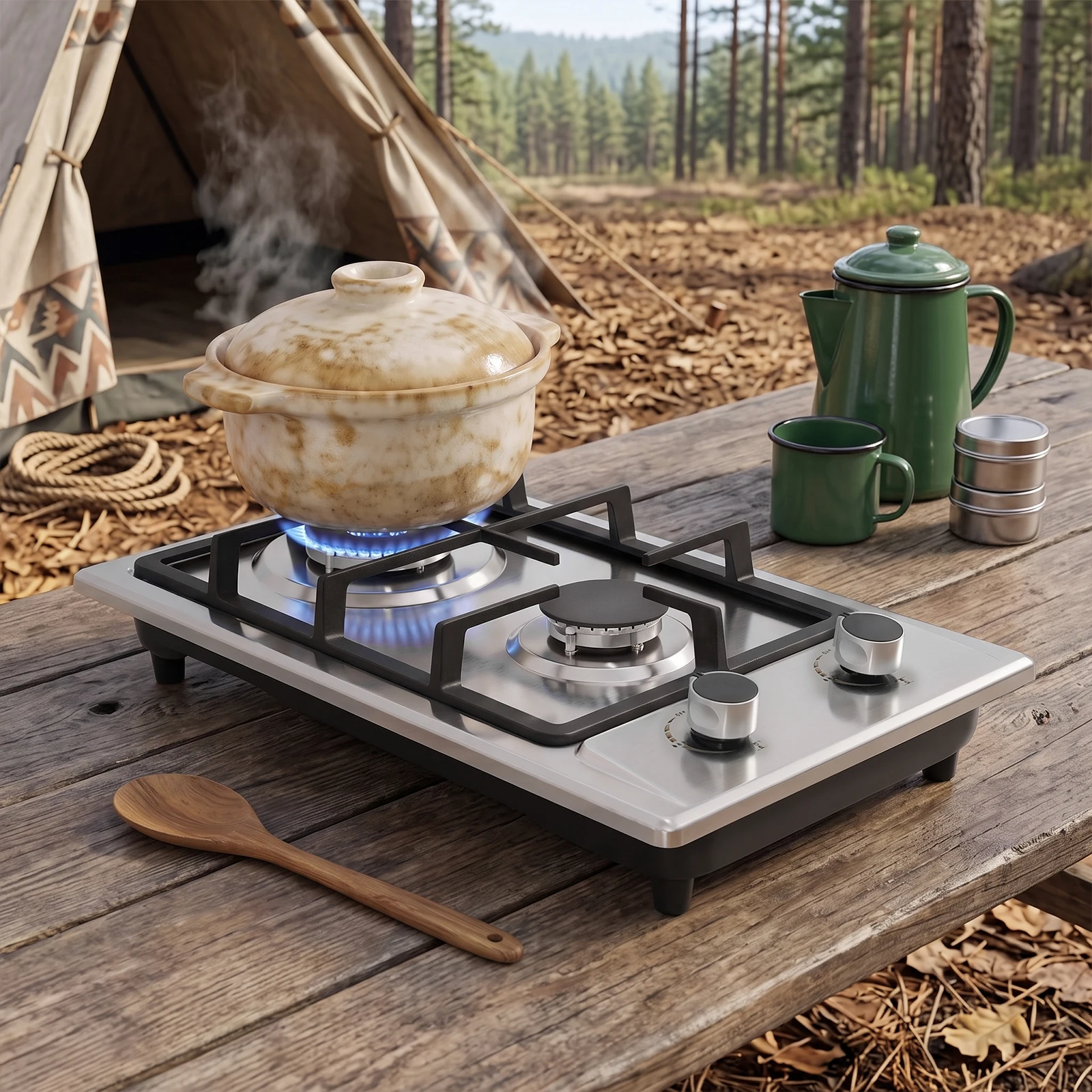 Tragbarer Gaskocher 3KW+1,75KW 2-Brenner-Gaskocher 51*31*10cm Edelstahl-Gaskochfeld für Outdoor-Camping/Picknicks/Wanderungen/Wohnwagen – Detail 1