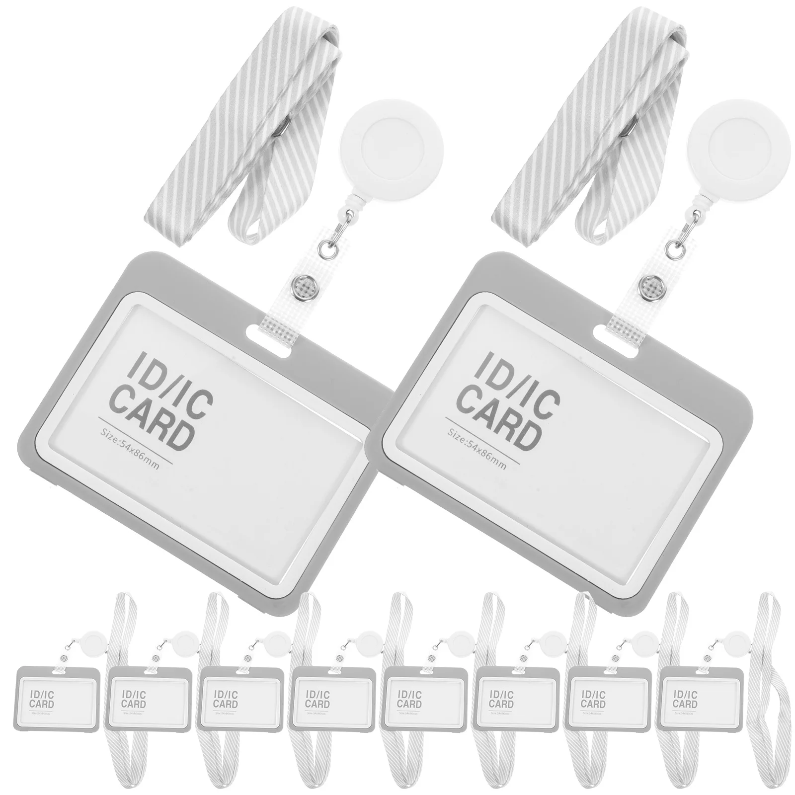 

10 set ID Badge Holder Clear Card Sleeve Set Grey Lanyard White Retractable Clip for Work Pass Nurse Staff Office Use