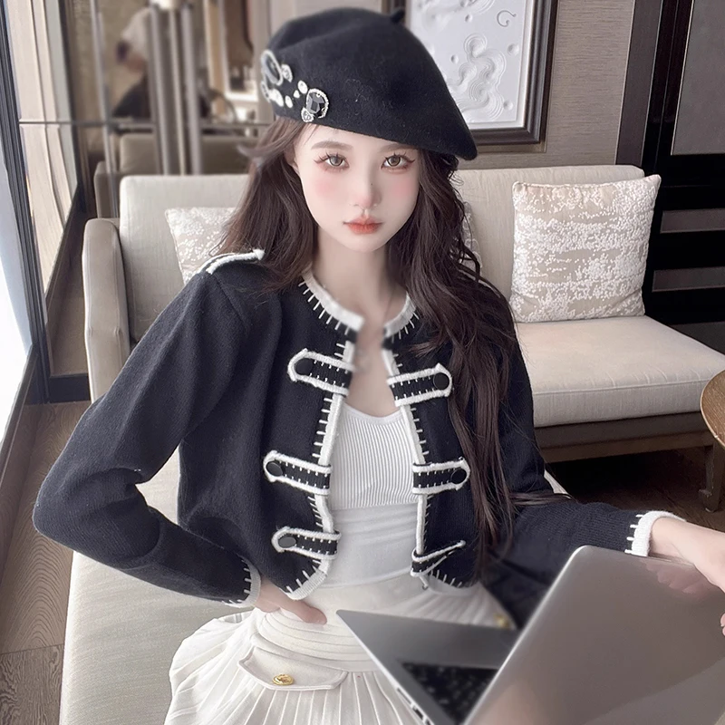 O Neck Contrast Colors Double Breasted Women's Cardigan Sweater Autumn Winter Fashionable Temperament