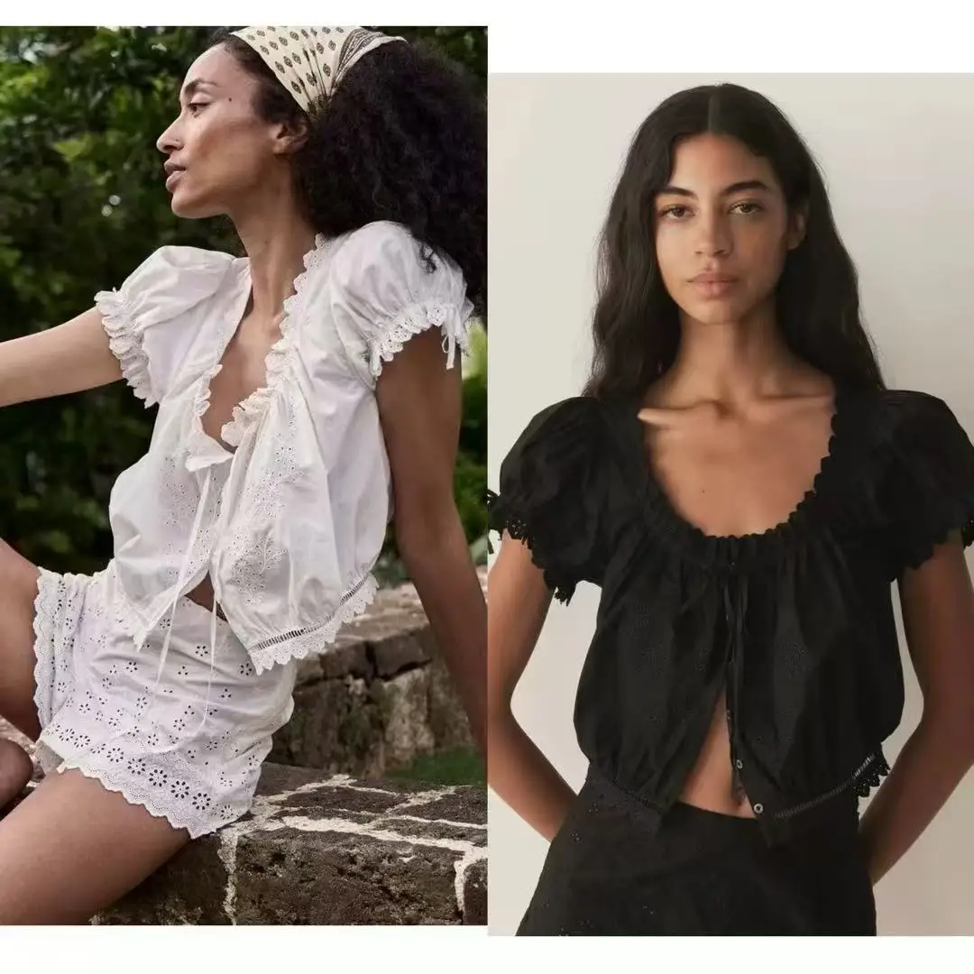 

Французская блузка с вышивкой и кружевной отделкой, рукавами-фонариками, большим круглым вырезом и оборками по низу, женская, летняя, новинка, 100% хлопок