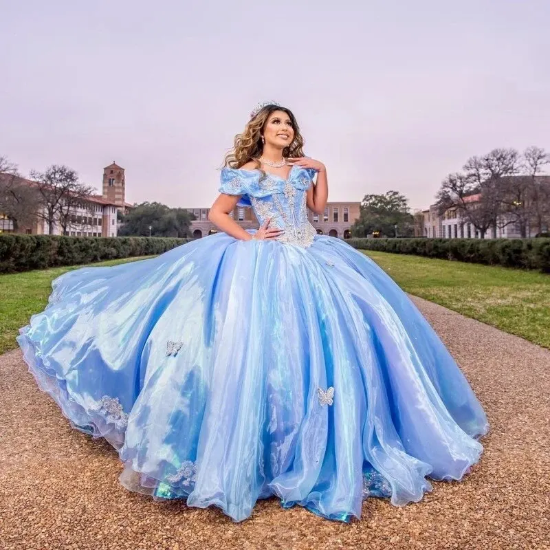 Vestido azul para quinceañeras con hombros descubiertos, sin mangas, para 15 niñas, Vestido de baile con cuentas de encaje, Vestido Formal con lazo, vestidos de graduación personalizados