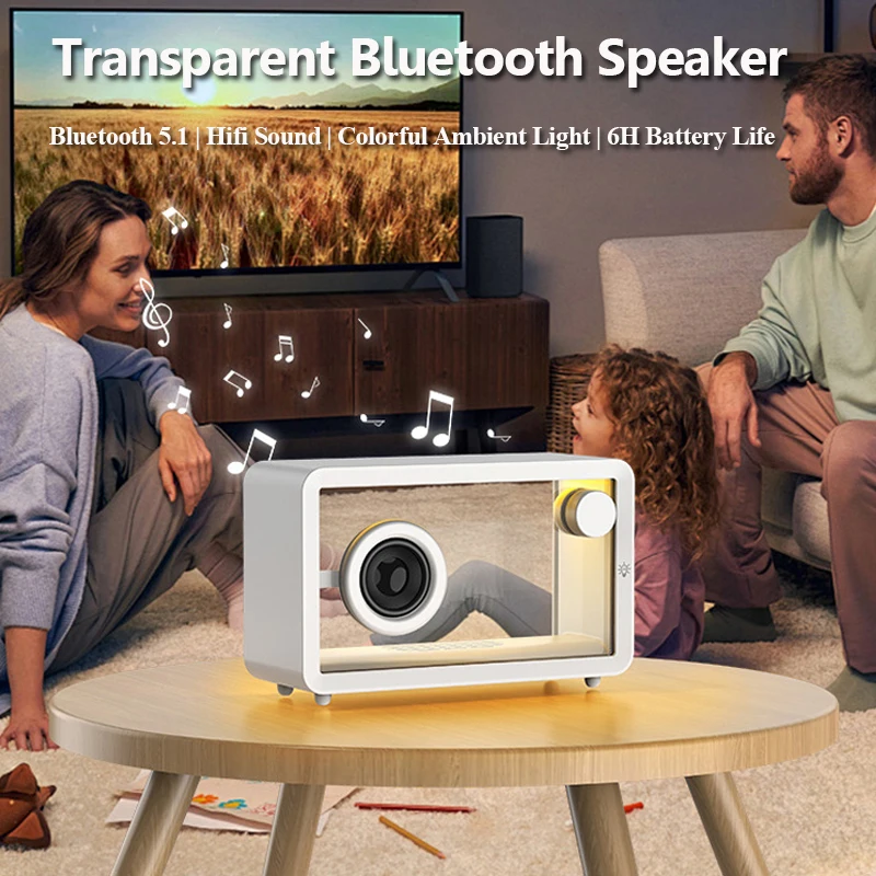 

Portable Transparent Bluetooth Speaker Vintage Surround Sound Audio System Wireless MP3 Music Player with RGB Atmosphere Light