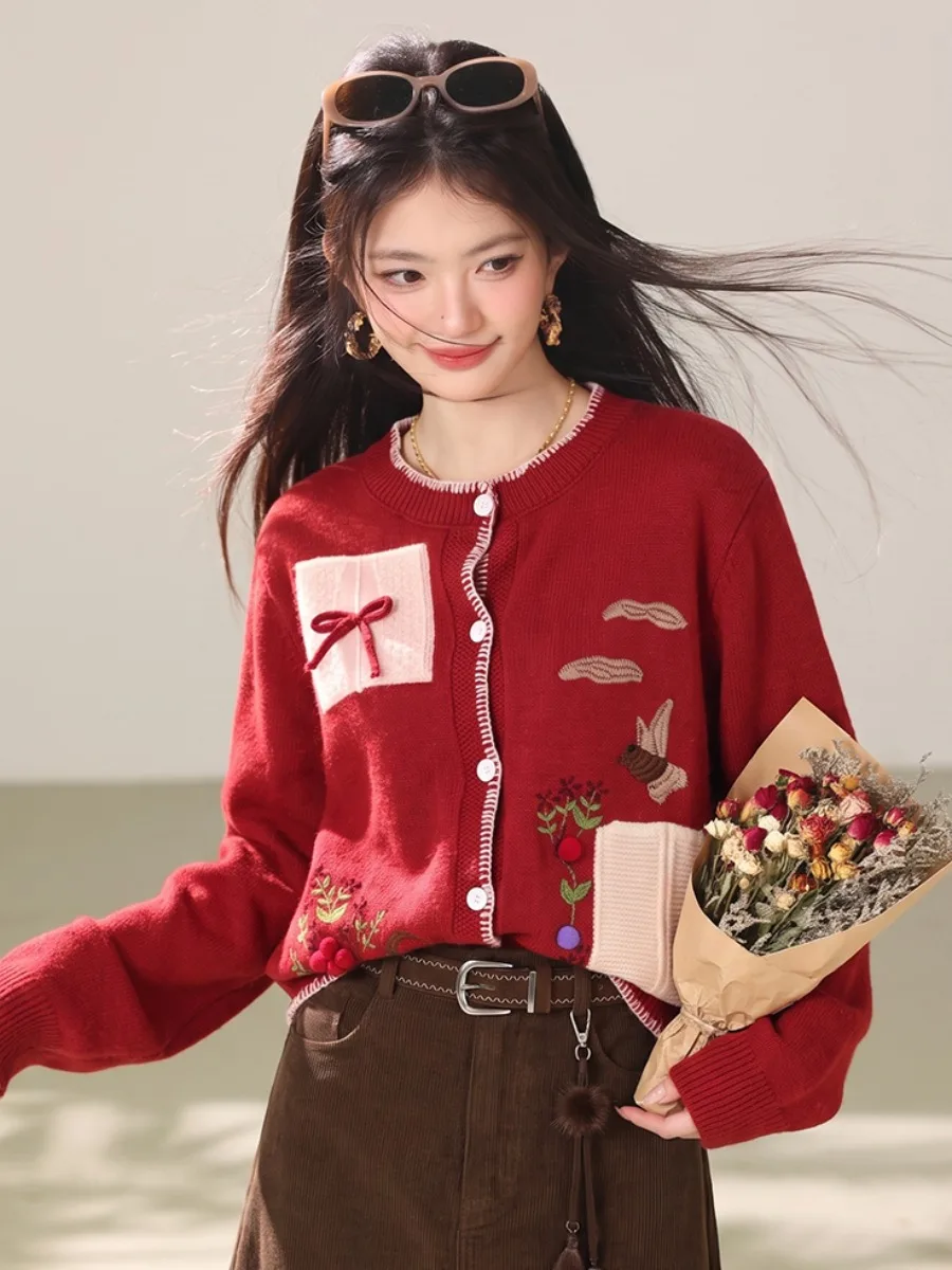 Red round Neck Knitted Open Cardigan Women's 3D Patch Embroidery  Knot Loose Short Vintage Soft Sweater Jacket