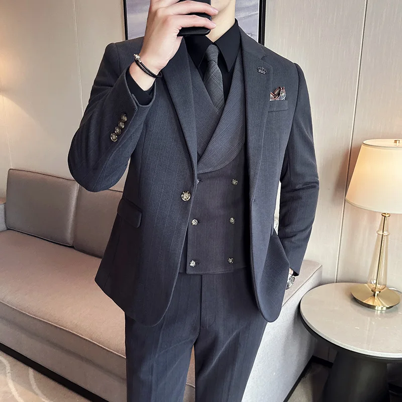 High Quality Wedding Suit (suit + Vest + Trousers) M-5XL 2023new Men's Business Fashion Casual Slim Striped Suit Three-piece Set