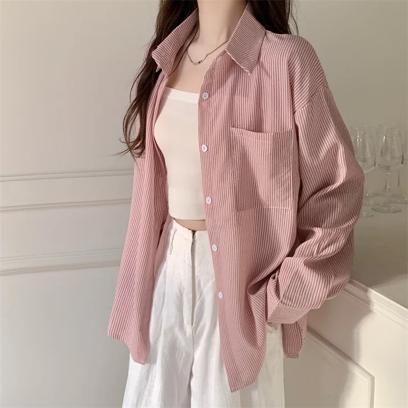 Pin Striped Oversized Shirt for Women Long Sleeve Collared Side Pocket Button Up Boyfriend Shirt Teenage Girl Basic Outfit